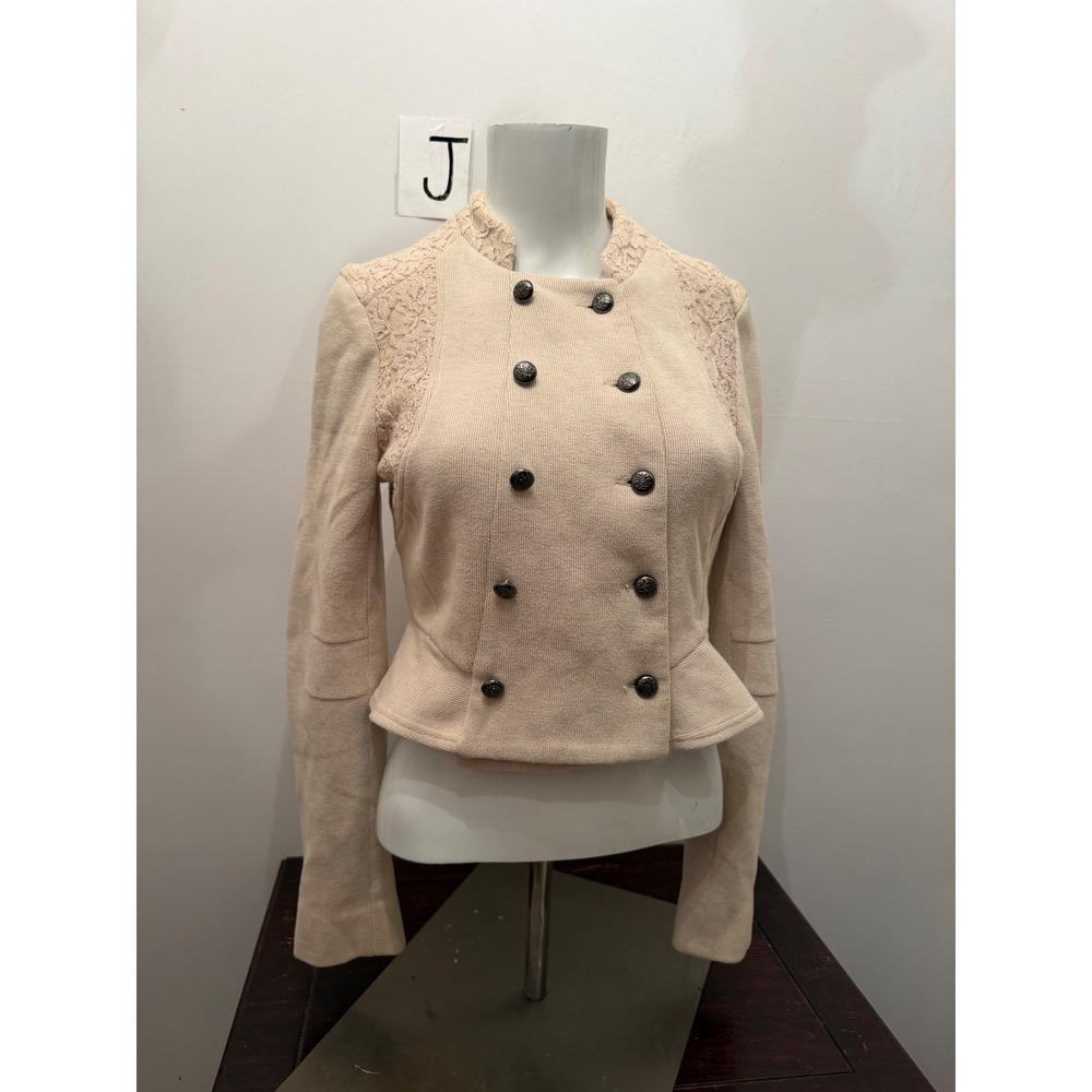 Free People Jacket Lace Peplum Military Style Double Breasted Beige Cream Size 2
